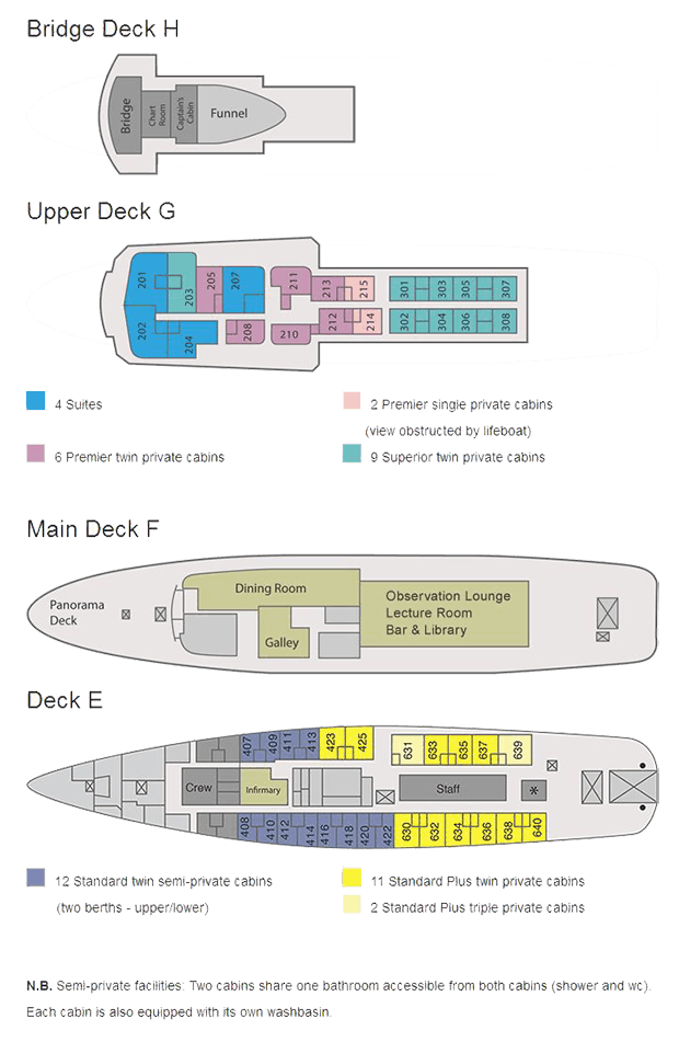 Ushuaia deck plan showing four levels in detail