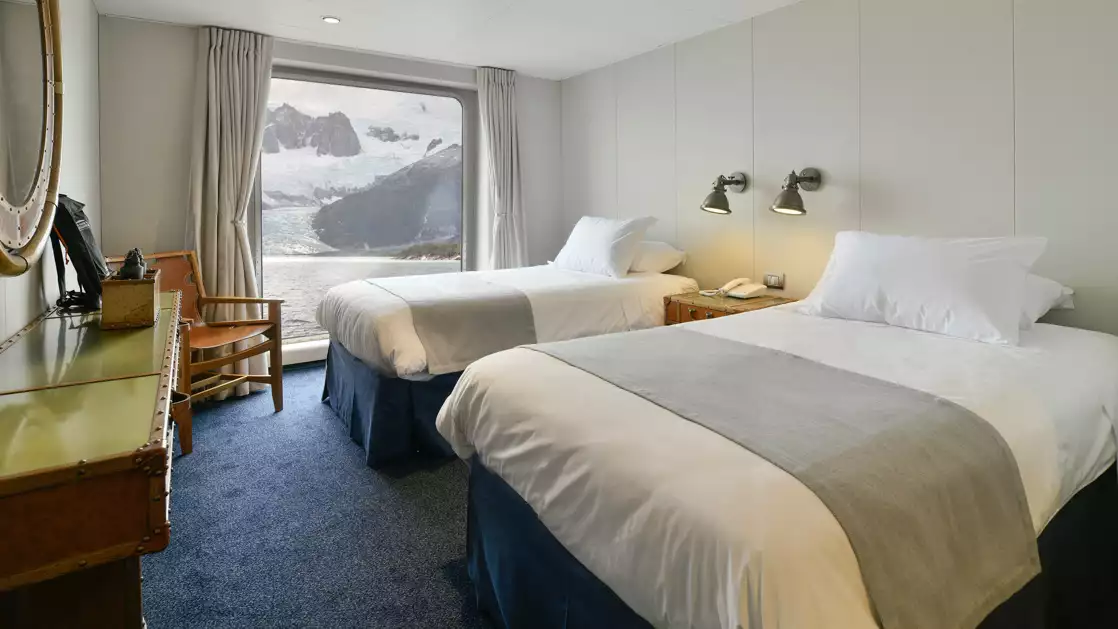 Experience the comfort aboard the Ventus Australis while touring the Chilean Patagonia from the comfort of your room as you fall asleep