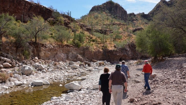 group hiking along creek in baja on westward voyages small ship cruise