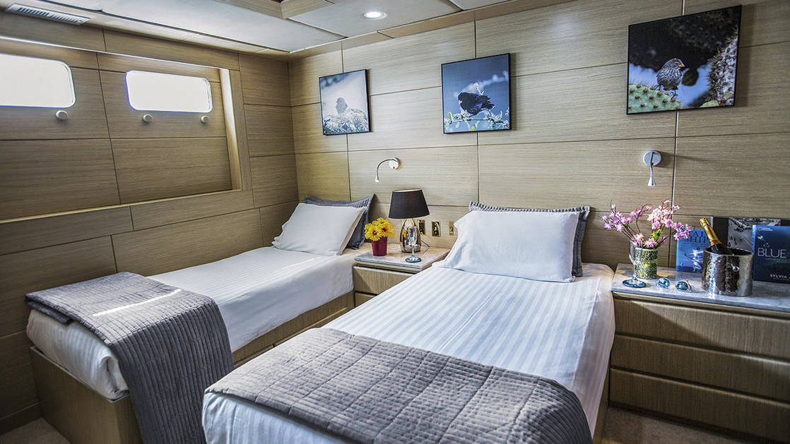Stateroom with twin beds aboard WildAid's Passion.