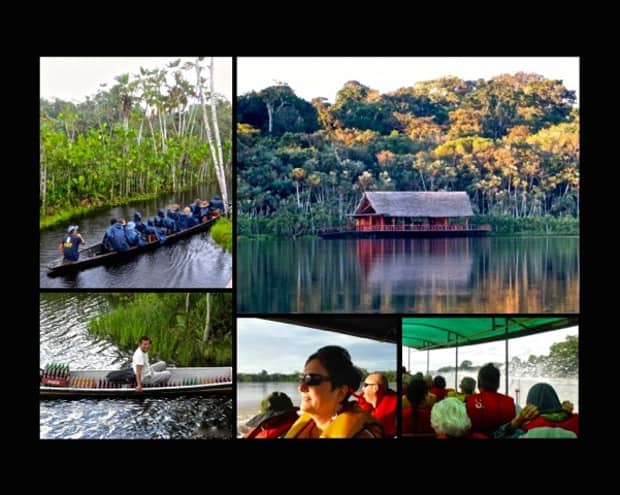 Collage of canoe ride with Amazon travelers down the Napo River, thatched hut on the Napo River, local in a canoe, Amazon travelers in a open air boat.