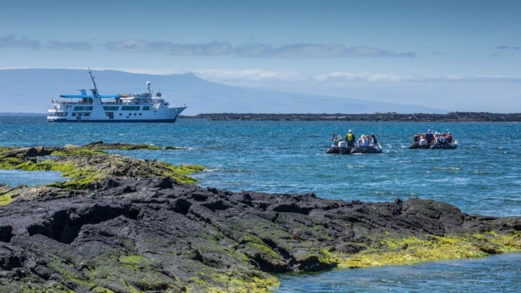 Two zodiac boats take passengers between the Galapagos Islands and the Yacht Isabela II, one of the most luxurious cruises in the area.