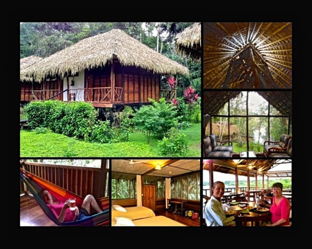 Thatched roof cabana, lobby with floor to ceiling windows looking int the jungle, happy traveler lounging in a hammock, cabana with 2 beds and windows, travelers enjoying lunch in the open air dining room in Sacha Lodge.