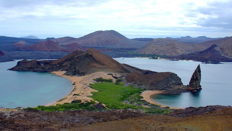 An aerial view of Bartolome Island in the Galapagos, where guests aboard the Grace cruise will see wildlife