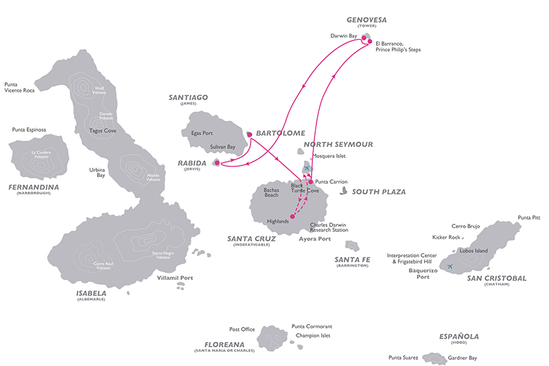 Galapagos cruise route map for 4-day Corals Central Galapagos Cruise with visits to Santa Cruz, Genovesa, Santiago and Rabida Islands.