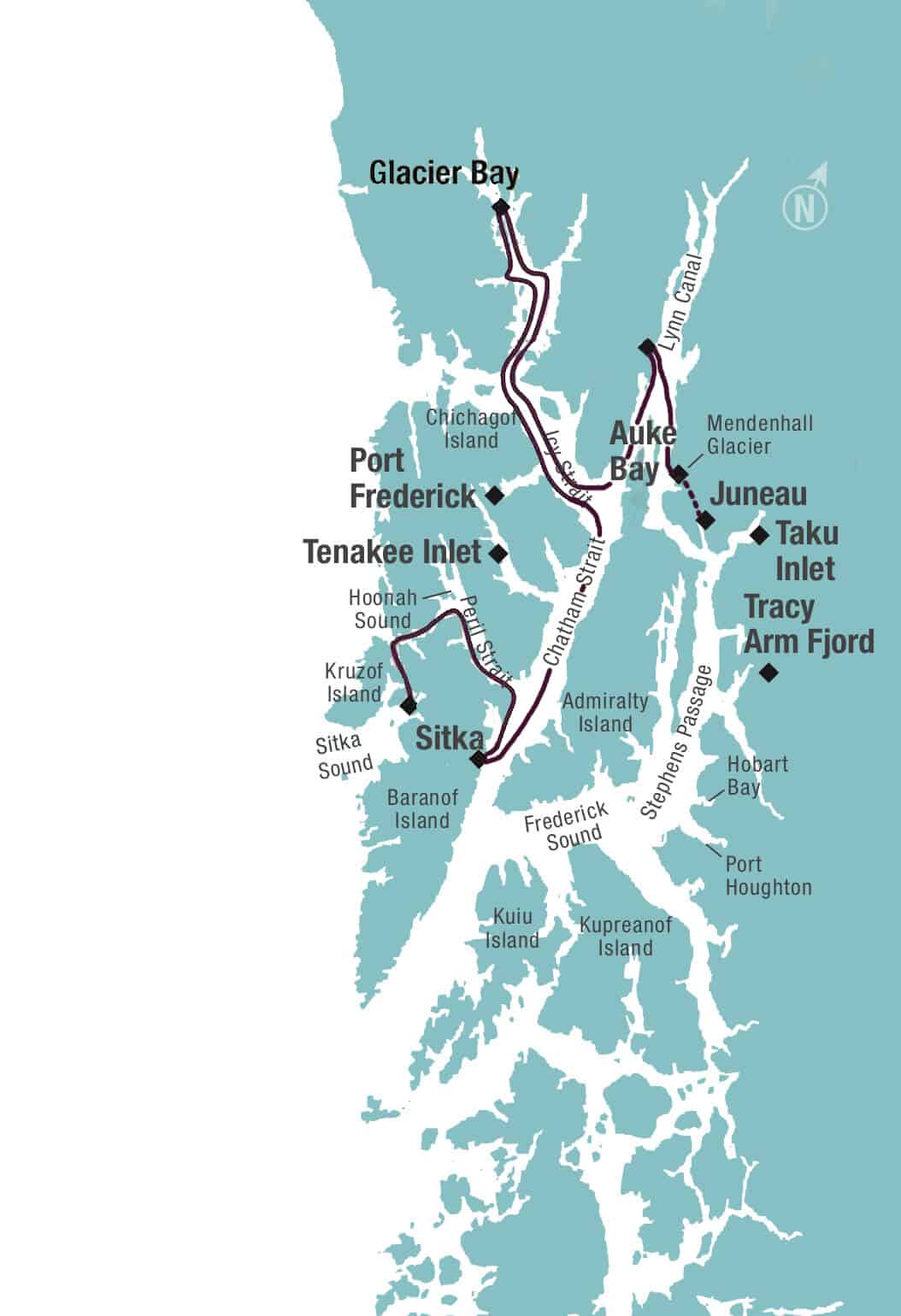 Route map of Alaska small ship cruise between Sitka & Juneau.