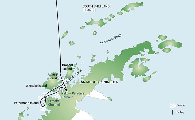 Route map of Antarctic Peninsula Basecamp Cruise, operating round-trip from Ushuaia, Argentina, with visits along the Peninsula.