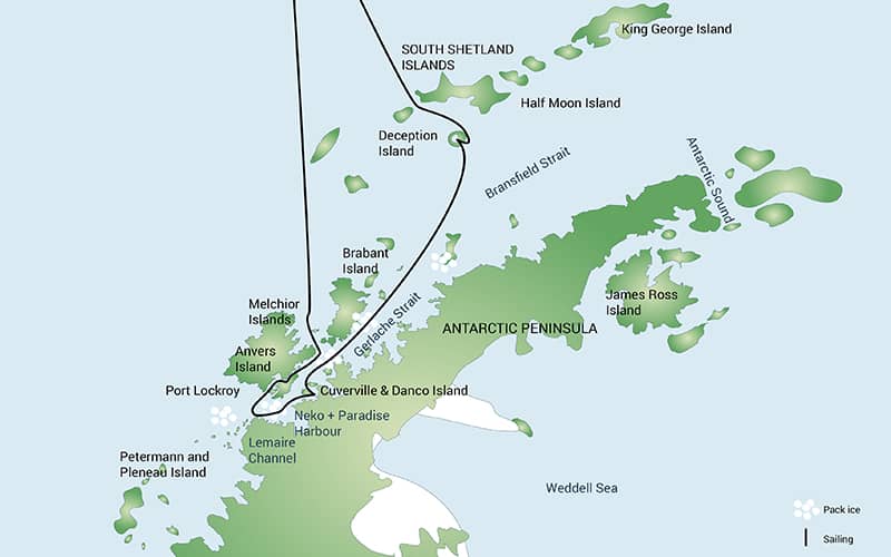 Route map of 11- or 12-day Antarctic Peninsula Including South Shetland Islands voyage, operating round-trip from Ushuaia, Argentina, with stops along the Antarctic Peninsula & South Shetland Islands.