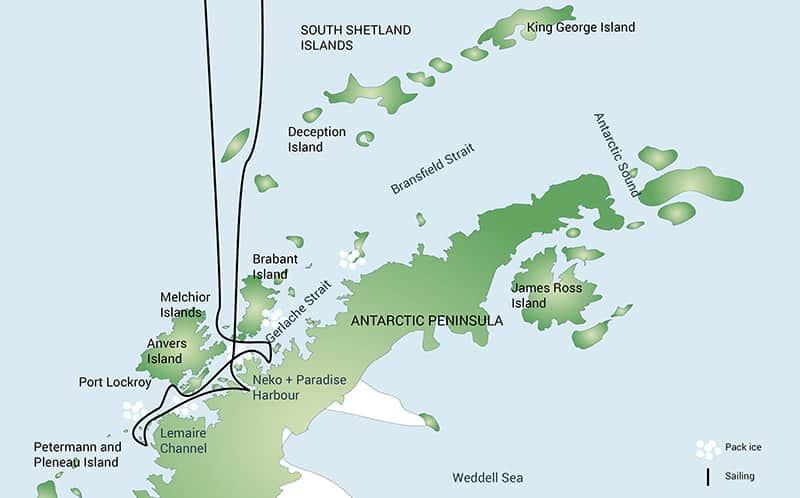 Route map of Antarctic Peninsula small ship expedition cruise, operating round-trip from Ushuaia, Argentina, with visits to various sites in Antarctica.