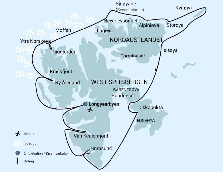 Route map of Around Spitsbergen - Kvitoya, In the Realm of Polar Bear & Ice voyage, operating round-trip from Longyearbyen, Norway and circumnavigating the island with aim to visit its northeastern sub island.