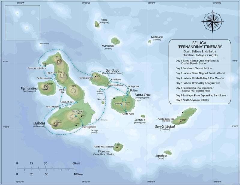Route map of Beluga Galapagos small ship cruise 8-day Fernandina itinerary visiting the islands of Baltra, Santa Cruz, Chinese Hat, Rabida, Isabela, Fernandina, Santiago, Bartolome and North Seymour.