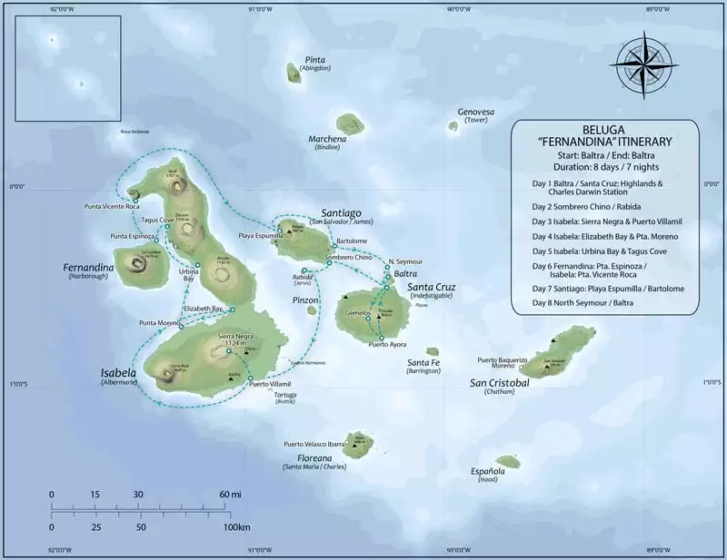 Route map of Beluga Galapagos small ship cruise 8-day Fernandina itinerary visiting the islands of Baltra, Santa Cruz, Chinese Hat, Rabida, Isabela, Fernandina, Santiago, Bartolome and North Seymour.