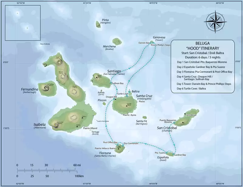 Route map of Beluga Galapagos small ship cruise 6-day Hood itinerary visiting the islands of San Cristobal, Espanola (also known as Hood), Floreana, Santa Cruz, Genovesa and Baltra.