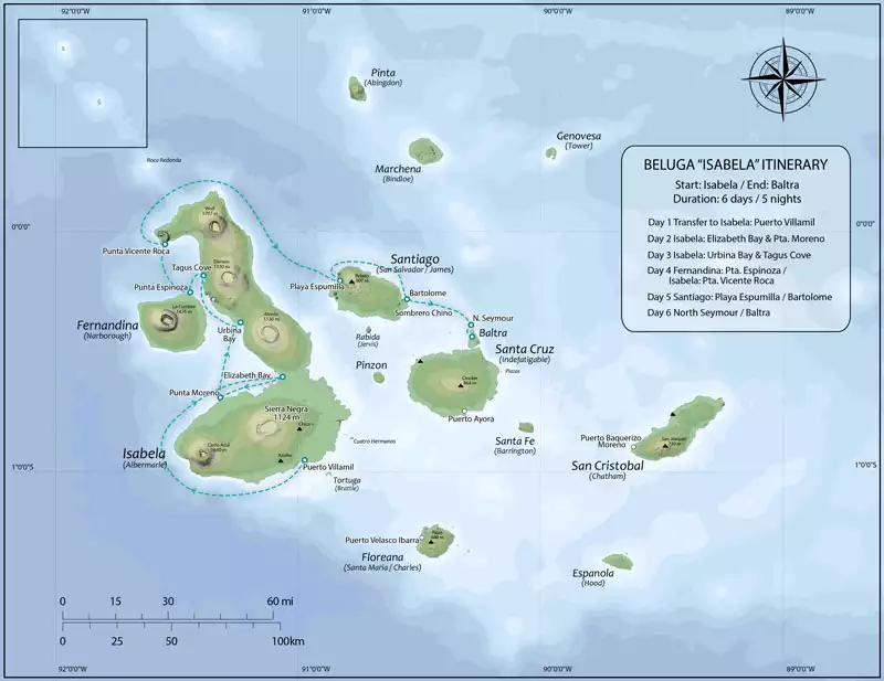 Route map of Beluga Galapagos small ship cruise 6-day Isabela itinerary visiting the islands of Baltra, Isabela, Fernandina, Santiago, Bartolome and North Seymour.