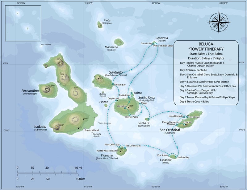 Route map of Beluga Galapagos small ship cruise 8-day Tower itinerary, visiting Baltra, Santa Cruz, South Plaza, Santa Fe, San Cristobal, Espanola, Floreana, Santiago and Genovesa.