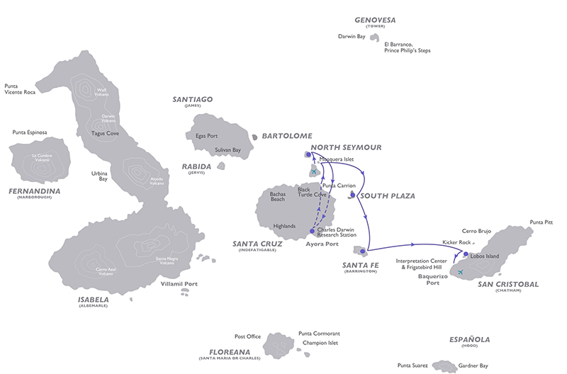 Galapagos cruise route map for 4-day Corals East Galapagos Cruise with visits to Santa Cruz, Mosquera Islet, North Seymour, Santa Fe, South Plaza and San Cristobal islands.