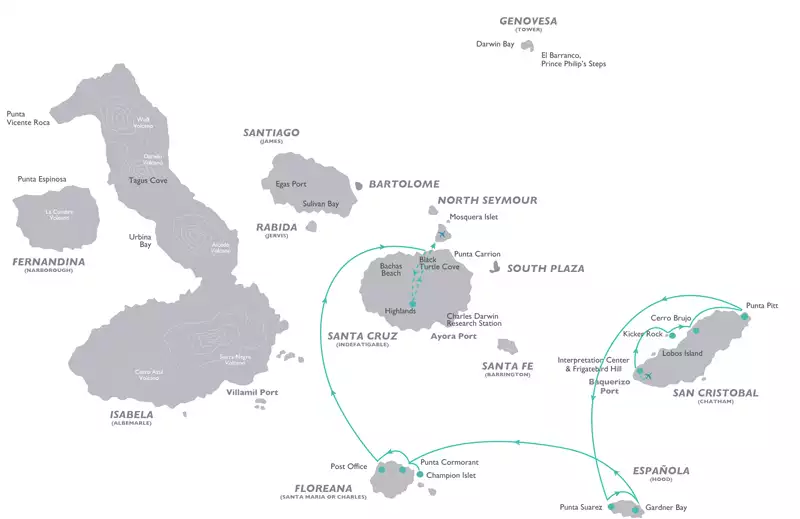 Galapagos cruise route map for 5-day Corals Southern Galapagos Cruise with visits to San Cristobal, Espanola, Floreana and the central island of Santa Cruz.