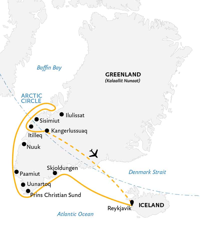 Essential Greenland: Southern Coasts & Disko Bay cruise route map.