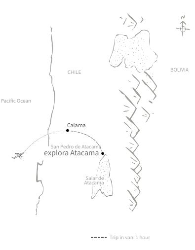 Route map of 4-, 5-, 6- & 7-day Explora Atacama land tour, operating round-trip from Calama, Chile, with time spent in the desert community of Ayllu de Larache, in southern Chile.
