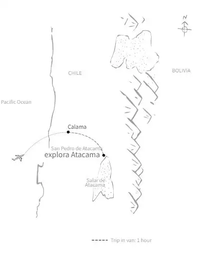 Route map of 4-, 5-, 6- & 7-day Explora Atacama land tour, operating round-trip from Calama, Chile, with time spent in the desert community of Ayllu de Larache, in southern Chile.