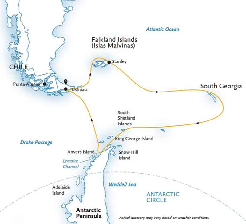 Route map of Explorers & Kings Antarctica small ship cruise main itinerary, operating roundtrip from Ushuaia, Argentina with stops at the Falkland Islands, South Georgia and the Antarctic Peninsula.