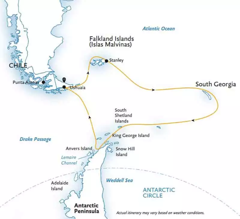 Route map of Explorers & Kings Antarctica small ship cruise main itinerary, operating roundtrip from Ushuaia, Argentina with stops at the Falkland Islands, South Georgia and the Antarctic Peninsula.
