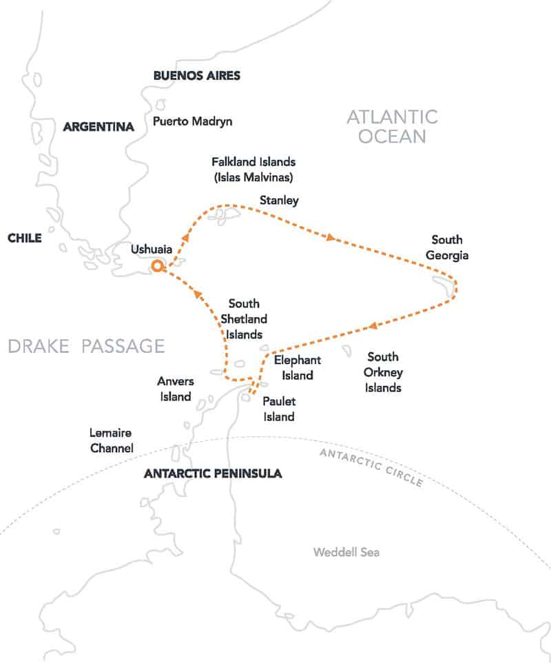 Route map of Antarctic Latitudes, Falklands & South Georgia Antarctica small ship cruise, operating roundtrip clockwise from Ushuaia, Argentina with stops at the Falkland Islands, South Georgia, the Antarctic Peninsula and South Shetland Islands.