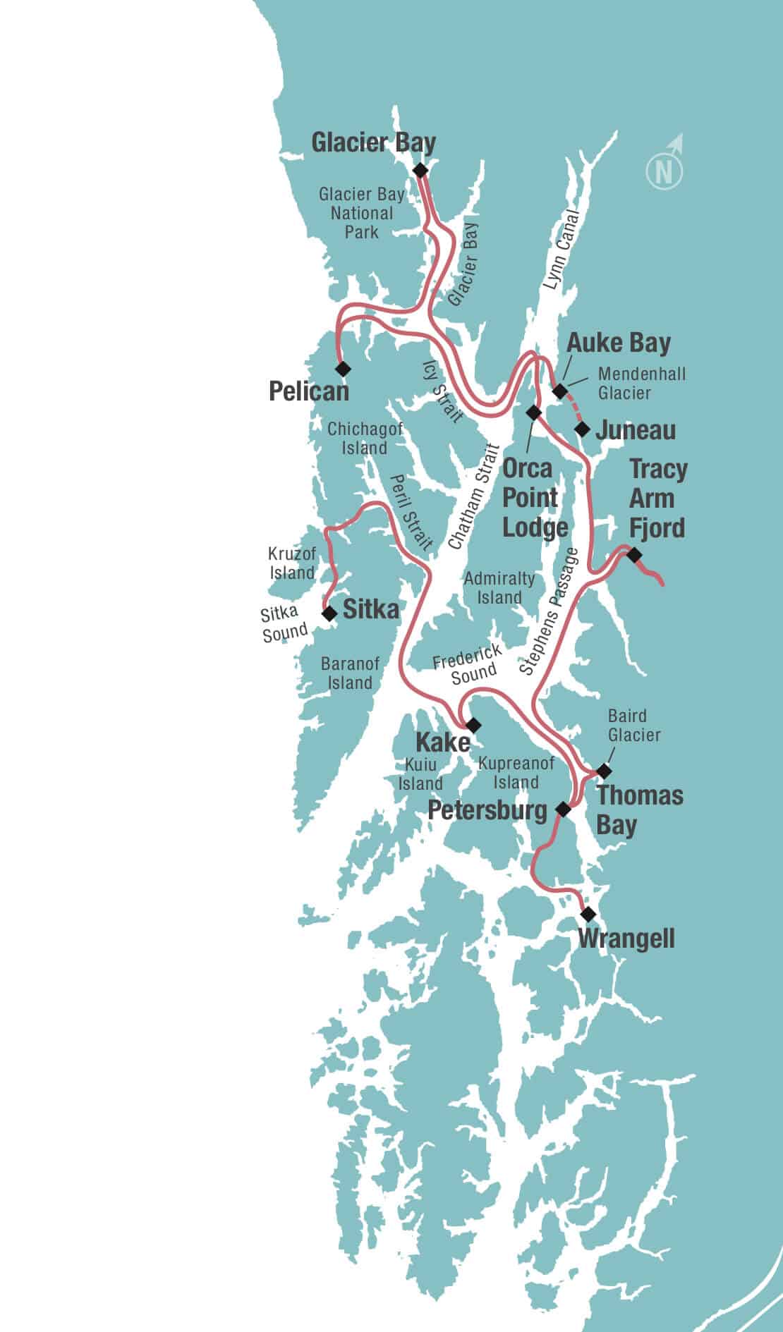 Route map of Glacier Bay & Island Adventure small ship cruise, operating from Sitka to Juneau or reverse, with visits to Wilderness Bay, Kake, Wrangell, Petersburg, Thomas Bay, Baird Glacier, Tracy Arm Fjord, Orca Point Lodge, Glacier Bay National Park, Lisianski Inlet & Pelican.