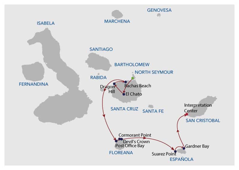 Galapagos cruise route map showing visits to Baltra, Santa Cruz, Floreana, Espanola and San Cristobal islands.