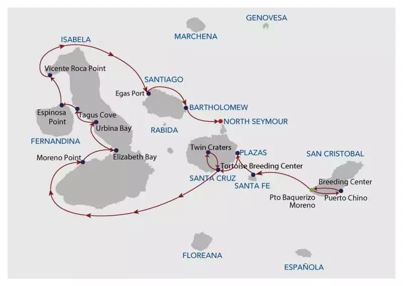 Galapagos cruise route map showing visits to San Cristobal, Santa Fe, South Plaza, Santa Cruz, Isabela, Fernandina, Santiago, Bartolome, North Seymour and Baltra islands.
