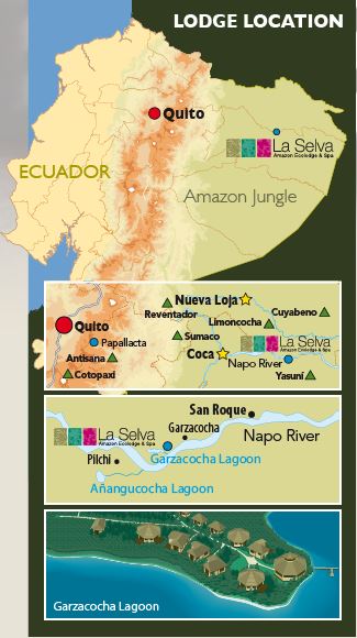 Map showing the placement of La Selva EcoLodge, at Garzacocha Lake along the Napo River in eastern Ecuador's Amazon rainforest basin.