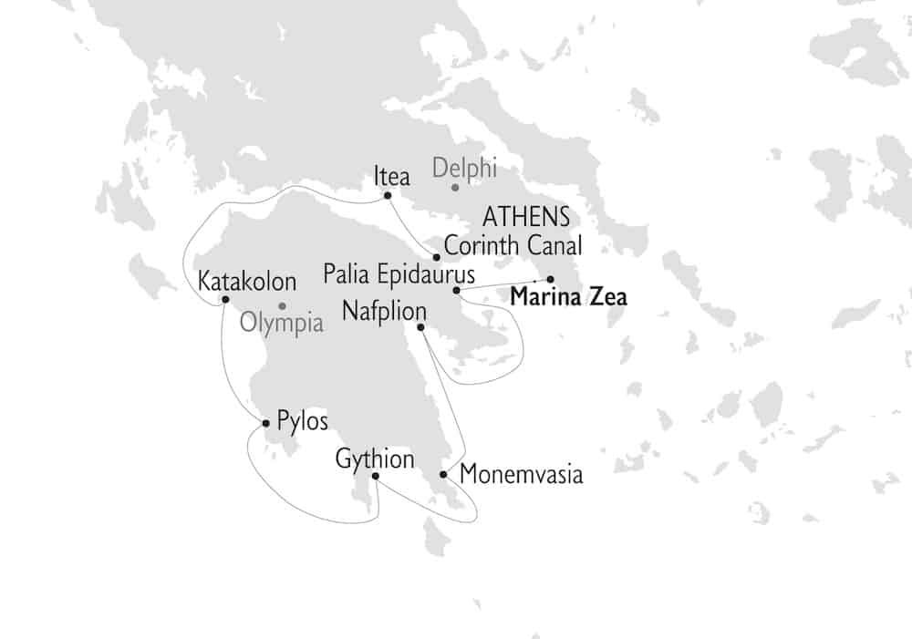 Antiquity to Byzantium cruise route map from Athens, Greece.