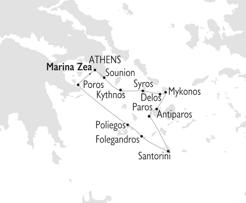 Jewels of the Cyclades route map.