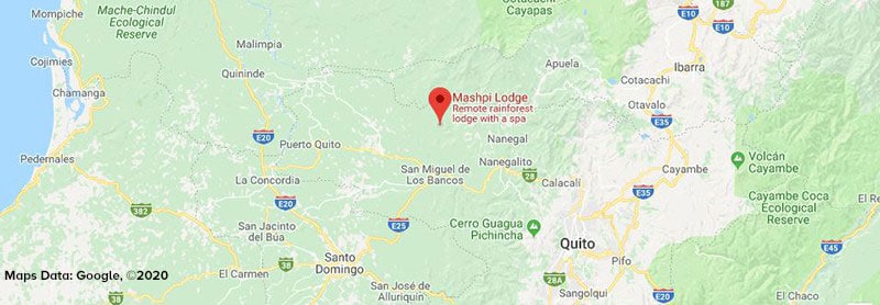 Route map of Mashpi Rainforest Tour, operating round-trip from Quito, Ecuador, with time spent in the northwest Tumbez-Chocó-Darién biodiversity region.