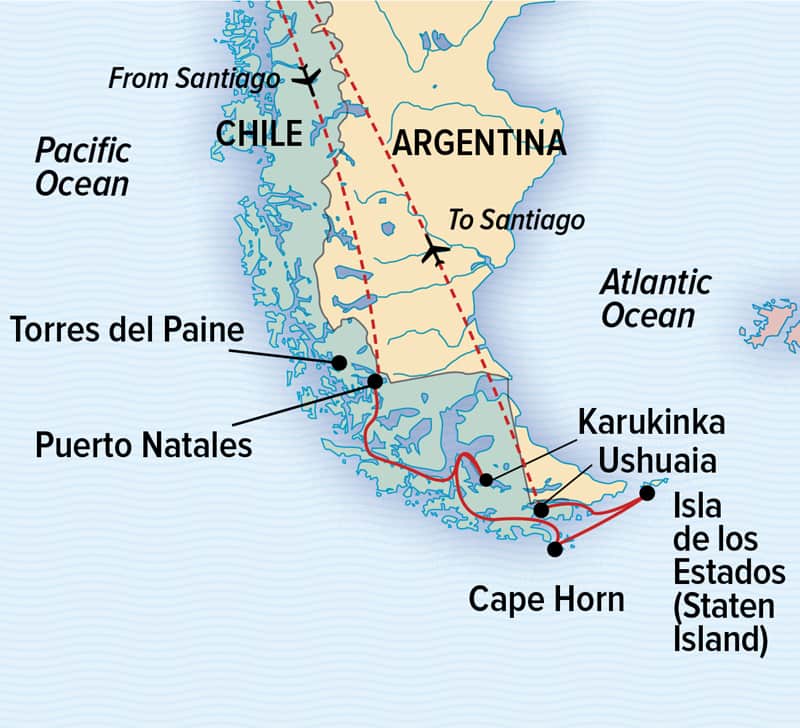 Chilean Fjords and Argentina's Staten Island wildlife cruise route map.