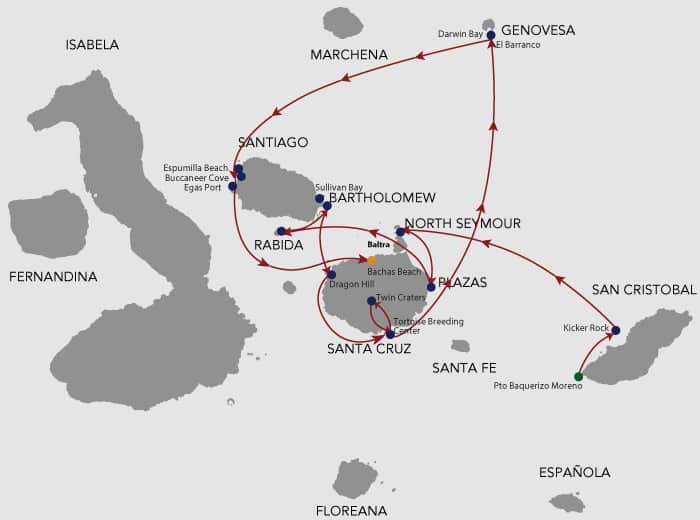 Galapagos cruise route map showing visits to San Cristobal, North Seymour, South Plaza, Santa Cruz, Bartolome, Santiago, Rabida and Genovesa islands.
