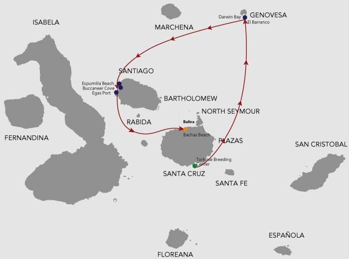 Galapagos cruise route map showing visits Santa Cruz, Genovesa, Santiago and Baltra islands.