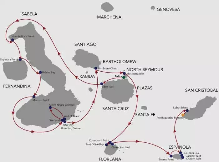 Galapagos cruise route map showing visits to Santa Cruz, Isabela, Fernandina, Chinese Hat, Mosquera, Floreana, Española and San Cristobal islands.