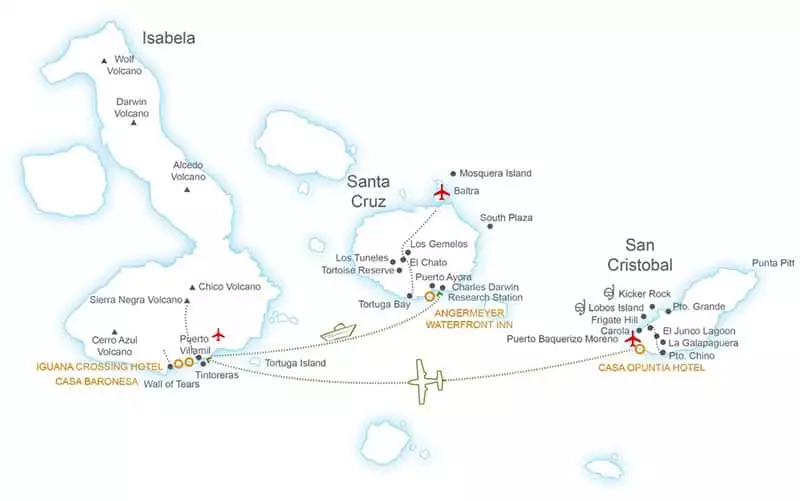 Route map of 8- 7- and 5-day Galapagos Island Hopper land tours, operating between San Cristobal and Baltra Islands, with additional visits to Santa Cruz, Isabela and either South Plaza, North Seymour or Bartolome Island.