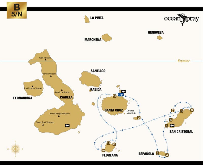 Route map of Ocean Spray Galapagos small ship cruise 6-day South itinerary, visiting Baltra, Santa Fe, Espanola, San Cristobal, Floreana and Santa Cruz islands.