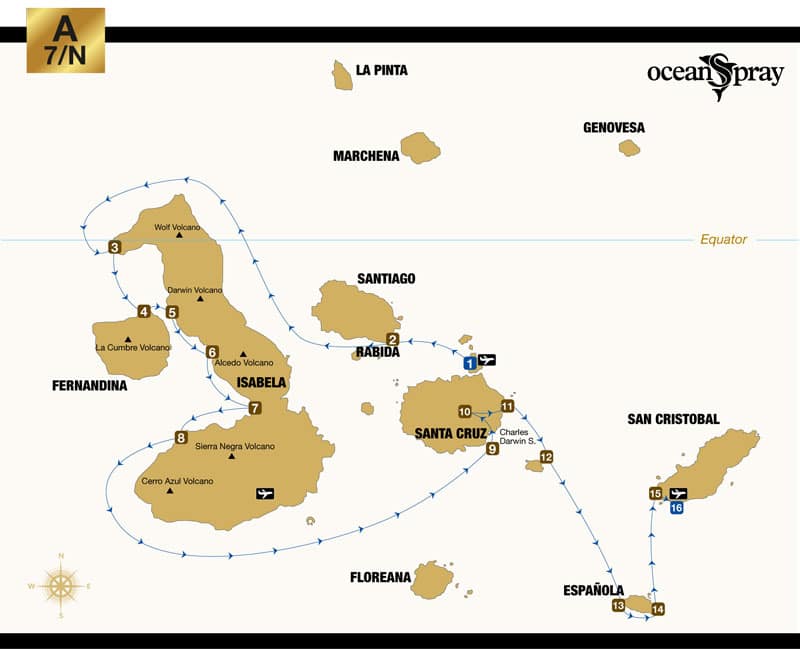 Route map of Ocean Spray Galapagos small ship cruise 8-day West itinerary, visiting Baltra, Chinese Hat, Isabela, Fernandina, Santa Cruz, South Plaza, Santa Fe, Espanola and San Cristobal islands.