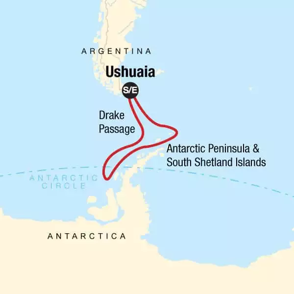 Quest for the Antarctic Circle cruise route map, operating round-trip from Ushuaia, Argentina..