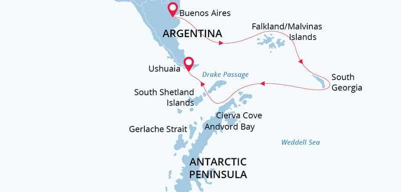 Route map of the Antarctic Wildlife Adventure voyage, operating between Ushuaia & Buenos Aires, Argentina, with visits to the Falkland Islands, South Georgia Island & the Antarctic Peninsula.