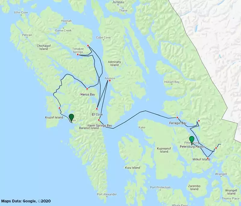 Route map of Alaska's Western Passages small ship cruise, operating between Sitka and Petersburg with visits to Brothers Islands, Wood Spit, Dawes Glacier & Ford's Terror.