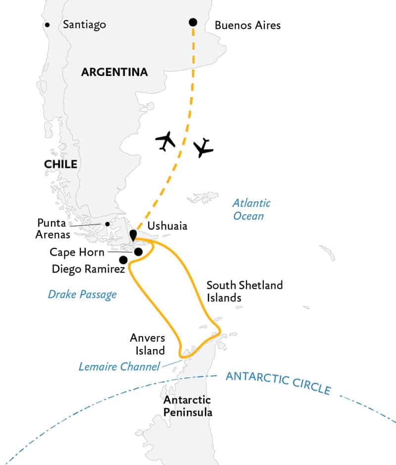 Route map of 13-day Antarctic Explorer Plus Cape Horn & Diego Ramirez small ship expedition, operating round-trip from Buenos Aires, Argentina, with visits to the South Shetland Islands and the Antarctic Peninsula.
