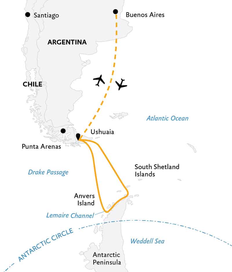 Route map of 11-day Antarctic Explorer small ship expedition, operating round-trip from Buenos Aires, Argentina, with visits to the South Shetland Islands and the Antarctic Peninsula.