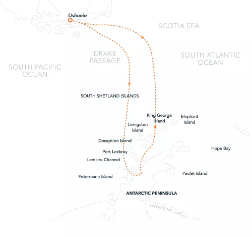 Route map of Antarctic Lattitudes Adventures in Antarctica & Whale Season small ship cruises, operating round-trip from Ushuaia, Argentina, with visits to the South Shetland Islands & the Antarctic Peninsula.