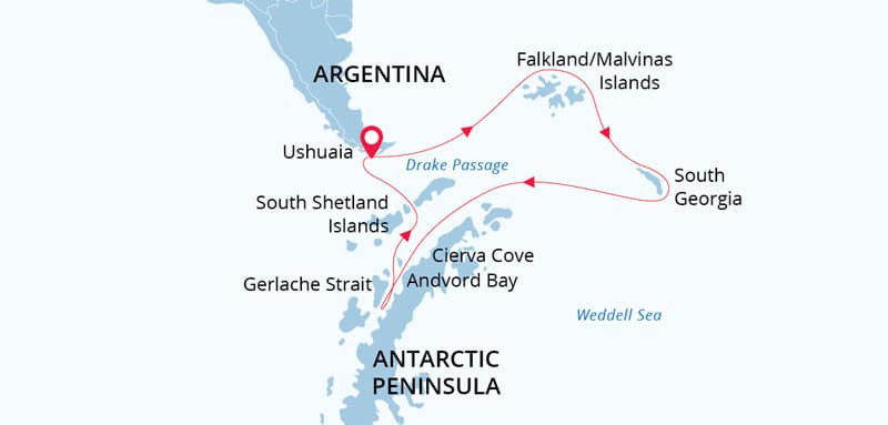 Route map of Antarctic Wildlife Adventure Antarctica small ship cruise, operating roundtrip from Ushuaia, Argentina with stops at the Falkland Islands, South Georgia and the Antarctic Peninsula.