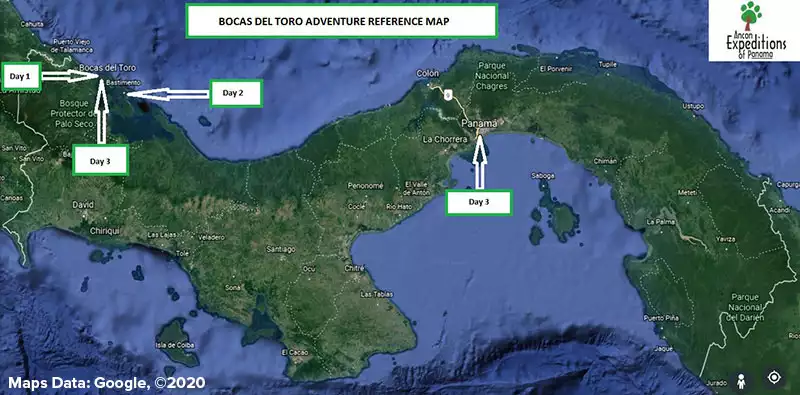 Route map of Bocas del Toro Adventure land tour trip extension, operating round-trip from Panama City, with visits to Bocas del Drago & Bastimentos Marine National Park.