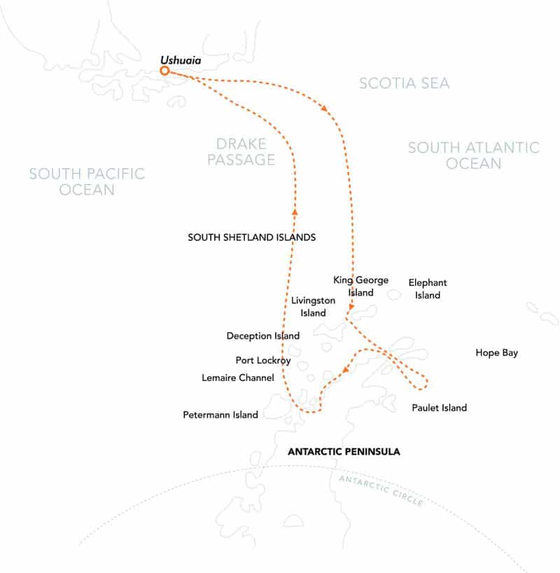 Route map of Christmas in Antarctica voyage, operating round-trip from Ushuaia, Argentina, with visits to the Antarctic Sound, Weddell Sea, South Shetland Islands and the Peninsula.